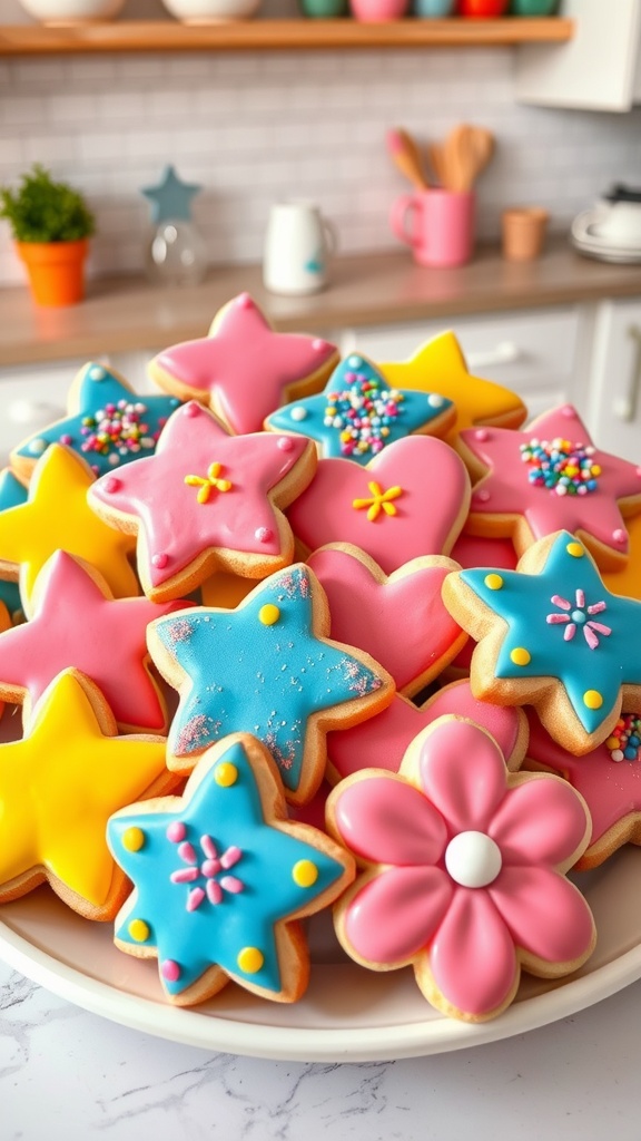 A platter of decorated sugar cookies in fun shapes with colorful icing and sprinkles.